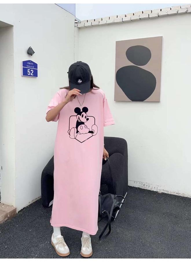 Generic - South Korea Dongdaemun Mickey Printed Short-sleeved T-shirt Dress Women's Chubby Girl Loose Over-knee Split Plus Size Dress Summer T - Image 1