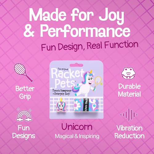 Racket Pets Kids Tennis Racket Dampener & Matching Overgrip Tape, Performance Shock Absorbing Dampener for Tennis Racket & Fun Animal Print Tennis Wrap Grip Tape (Unicorn) - Image 3