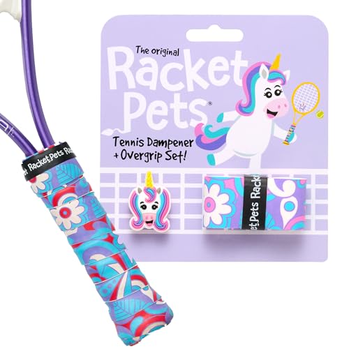 Racket Pets Kids Tennis Racket Dampener & Matching Overgrip Tape, Performance Shock Absorbing Dampener for Tennis Racket & Fun Animal Print Tennis Wrap Grip Tape (Unicorn) - Image 1