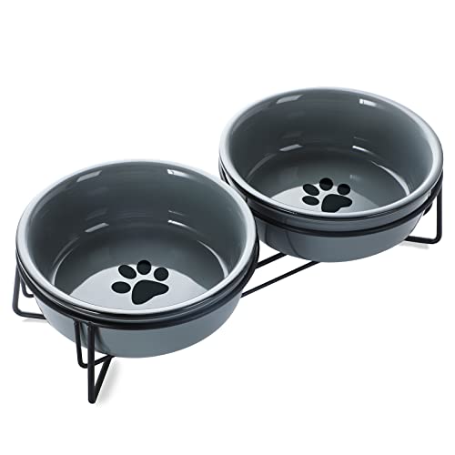GDCZ Ceramics Raised Cat Bowls with Heighten Metal Stand,15 Ounces (Grey) - Image 1
