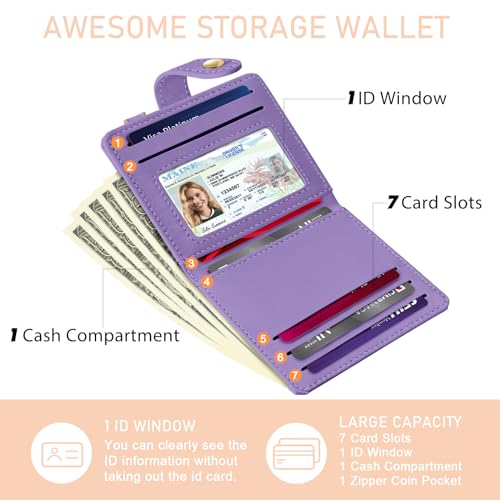Jogjam محفظة جوجام الأرجوانية للسيدات بتقنية RFID، محفظة صغيرة نحيفة مدمجة لبطاقات الائتمان، محفظة نسائية من جلد PU بجيب بسحاب للنقود ونافذة للهوية - Image 4