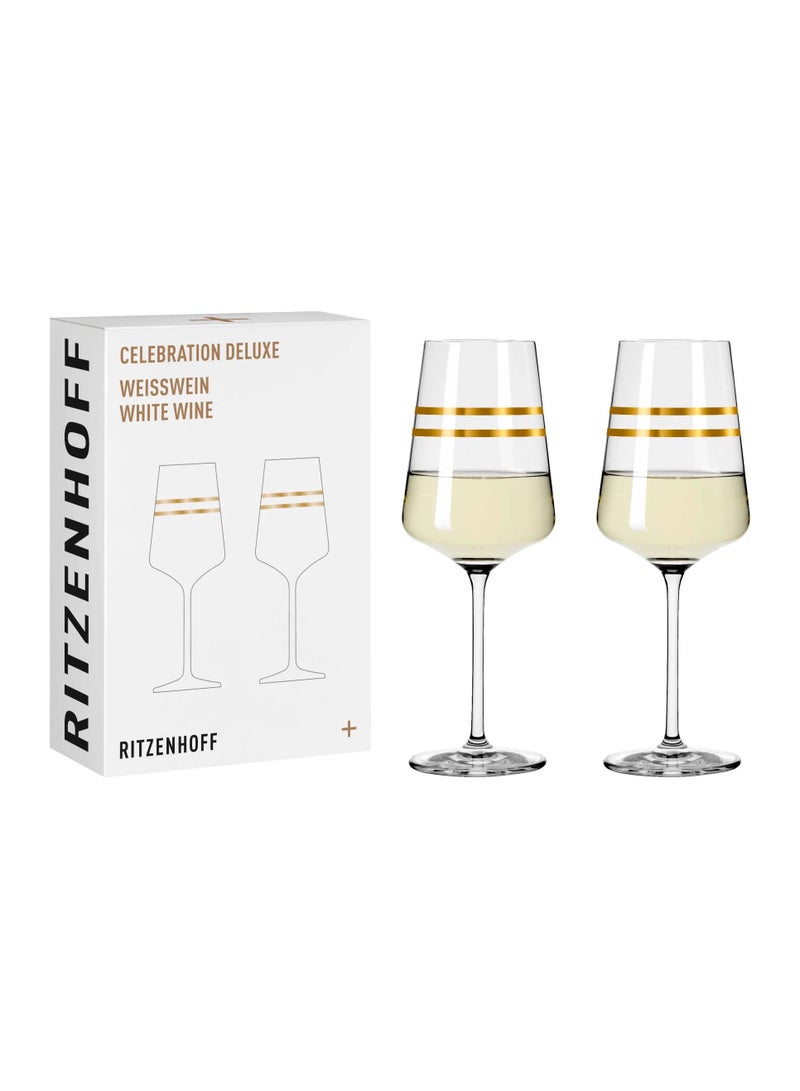 Ritzenhoff 2-piece “celebration deluxe” White Wine Glass Set – With real gold stripes – Ideal for white wine – Color: Gold, Material: Crystal glass, Filling volume in ml: 400, Dishwasher Safe, in an attractive gift box – Made in Germany - Image 1