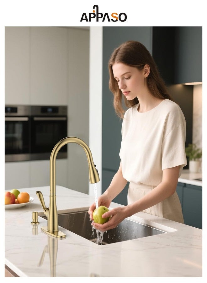 APPASO Brushed Gold Kitchen Faucet, 4 Hole Kitchen Faucet with Soap Dispenser, 3 Modes Single-Handle Kitchen Sink Faucets, Faucet for Kitchen Sink with CUPC-Certified Pull-Out Hose - Image 3