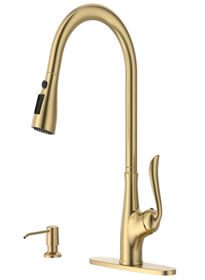 APPASO Brushed Gold Kitchen Faucet, 4 Hole Kitchen Faucet with Soap Dispenser, 3 Modes Single-Handle Kitchen Sink Faucets, Faucet for Kitchen Sink with CUPC-Certified Pull-Out Hose - Image 1