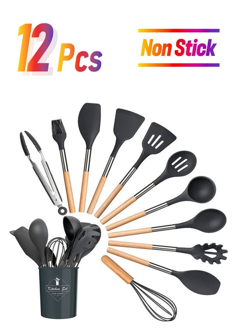 Arabest 12-Piece Non-Stick Silicone Cooking Utensils Set Black 12.5x12.5x33cm - Image 1