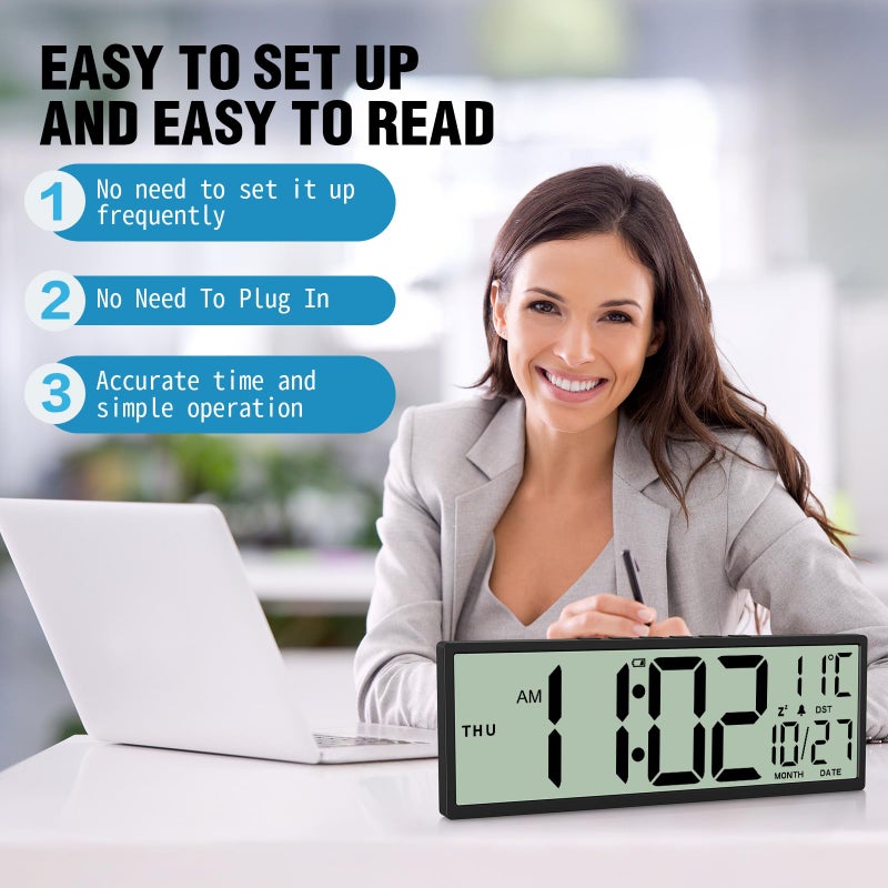 XREXS 14.5" Digital Wall Clock Battery Operated with Big Digits LCD Screen Display, Large Display Timer with Temperature Date Week Auto DST, Alarm Clock for Classroom, Livingroom, Office - Image 4