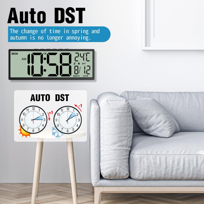 XREXS 14.5" Digital Wall Clock Battery Operated with Big Digits LCD Screen Display, Large Display Timer with Temperature Date Week Auto DST, Alarm Clock for Classroom, Livingroom, Office - Image 5