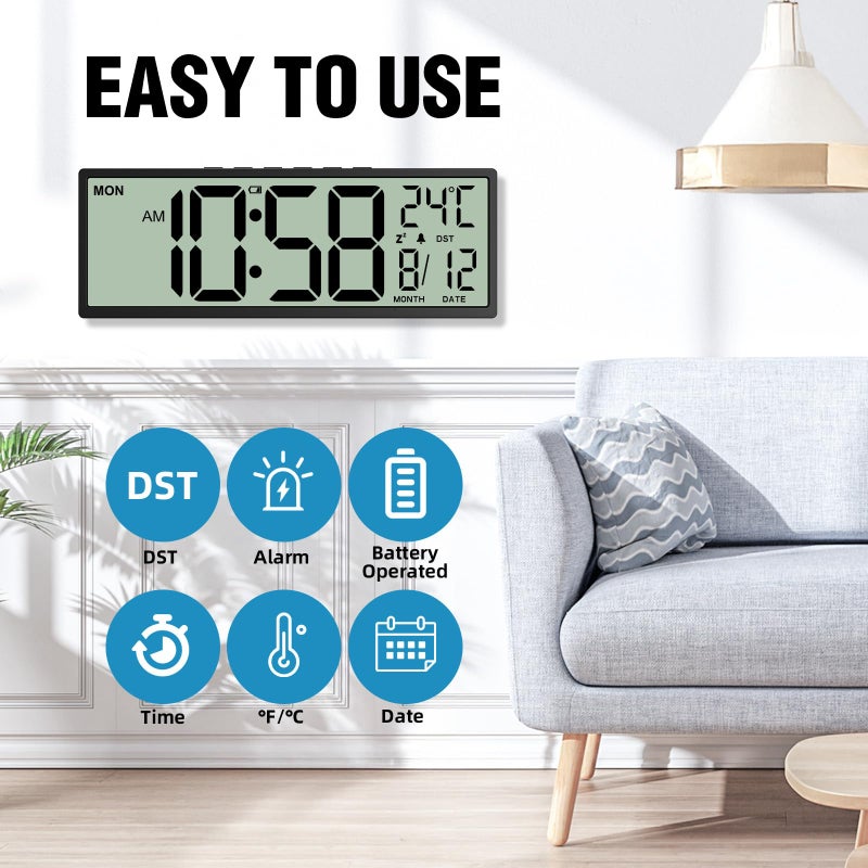 XREXS 14.5" Digital Wall Clock Battery Operated with Big Digits LCD Screen Display, Large Display Timer with Temperature Date Week Auto DST, Alarm Clock for Classroom, Livingroom, Office - Image 2
