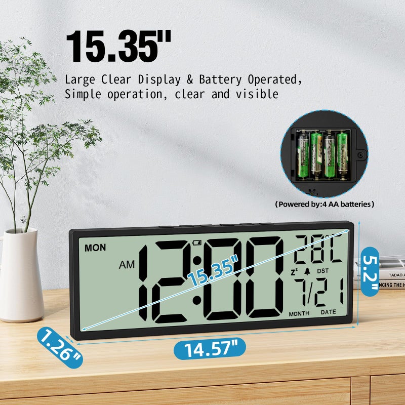 XREXS 14.5" Digital Wall Clock Battery Operated with Big Digits LCD Screen Display, Large Display Timer with Temperature Date Week Auto DST, Alarm Clock for Classroom, Livingroom, Office - Image 3