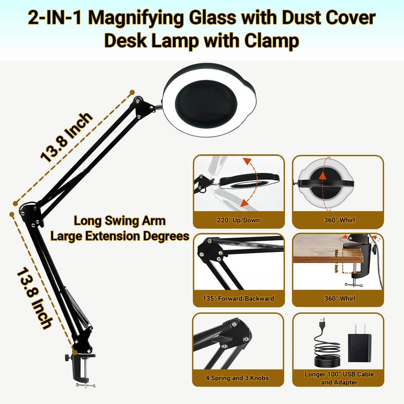 Tioneger 15X Magnifying Glass Desk Lamp with Clamp, Real Glass Lens with Dust Cover, 84 LEDs, 5 Color Modes, 10 Brightness Dimmable, Long Flexible Swing Arm Magnifier for Reading, Crafting, Repair, Close Works - Image 3