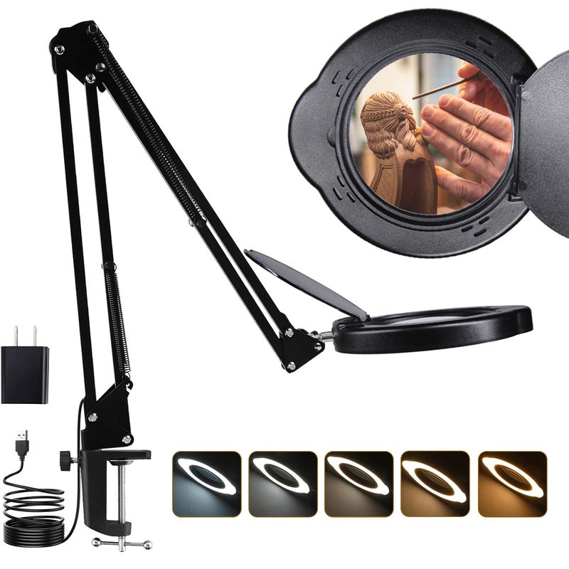 Tioneger 15X Magnifying Glass Desk Lamp with Clamp, Real Glass Lens with Dust Cover, 84 LEDs, 5 Color Modes, 10 Brightness Dimmable, Long Flexible Swing Arm Magnifier for Reading, Crafting, Repair, Close Works - Image 1