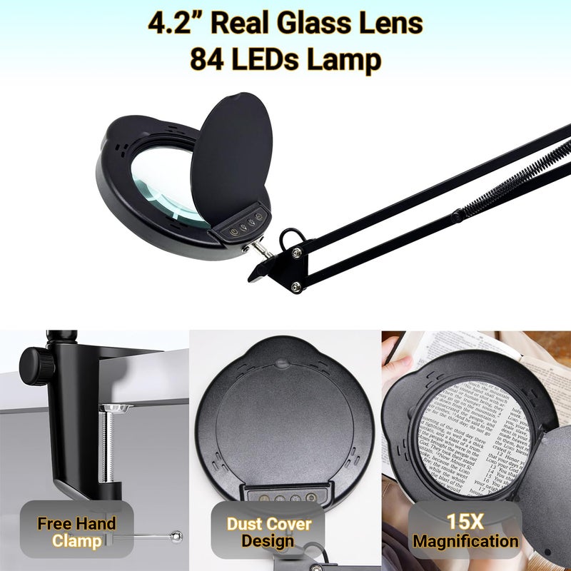 Tioneger 15X Magnifying Glass Desk Lamp with Clamp, Real Glass Lens with Dust Cover, 84 LEDs, 5 Color Modes, 10 Brightness Dimmable, Long Flexible Swing Arm Magnifier for Reading, Crafting, Repair, Close Works - Image 5