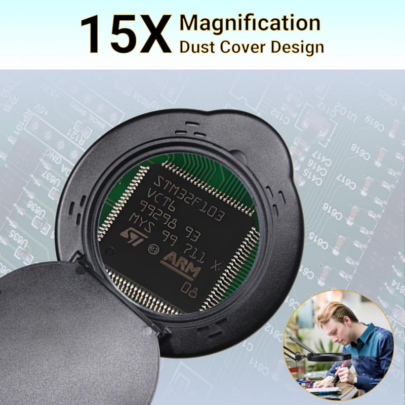 Tioneger 15X Magnifying Glass Desk Lamp with Clamp, Real Glass Lens with Dust Cover, 84 LEDs, 5 Color Modes, 10 Brightness Dimmable, Long Flexible Swing Arm Magnifier for Reading, Crafting, Repair, Close Works - Image 4