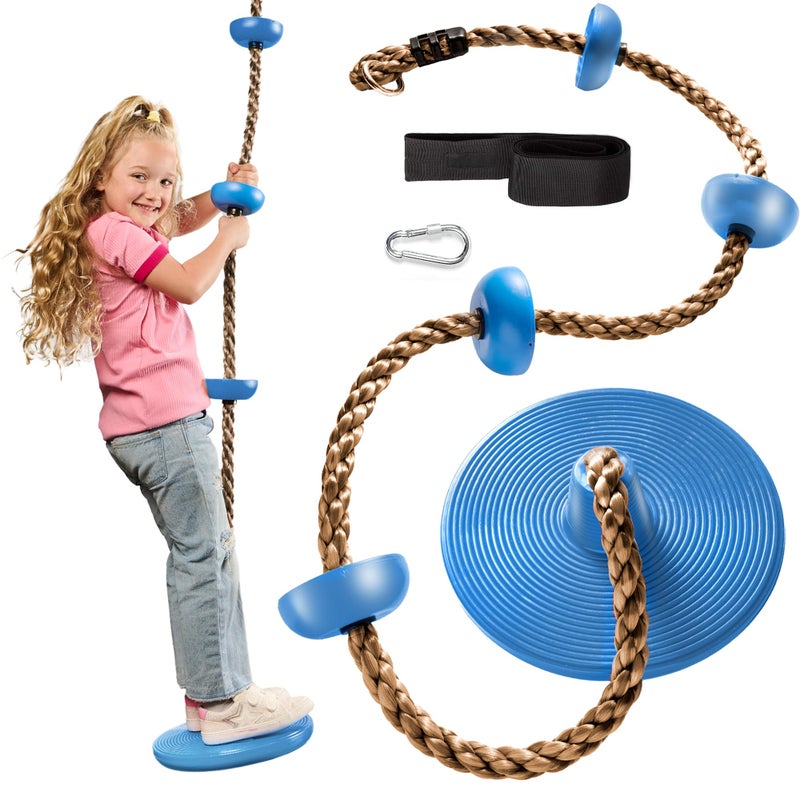 Jungle Gym Kingdom Tree Swing for Kids Single Disc Seat and Brown Climbing Rope Set wCarabiner and 4 Foot Strap Treehouse and Outdoor Playground Accessories Blue - Image 2