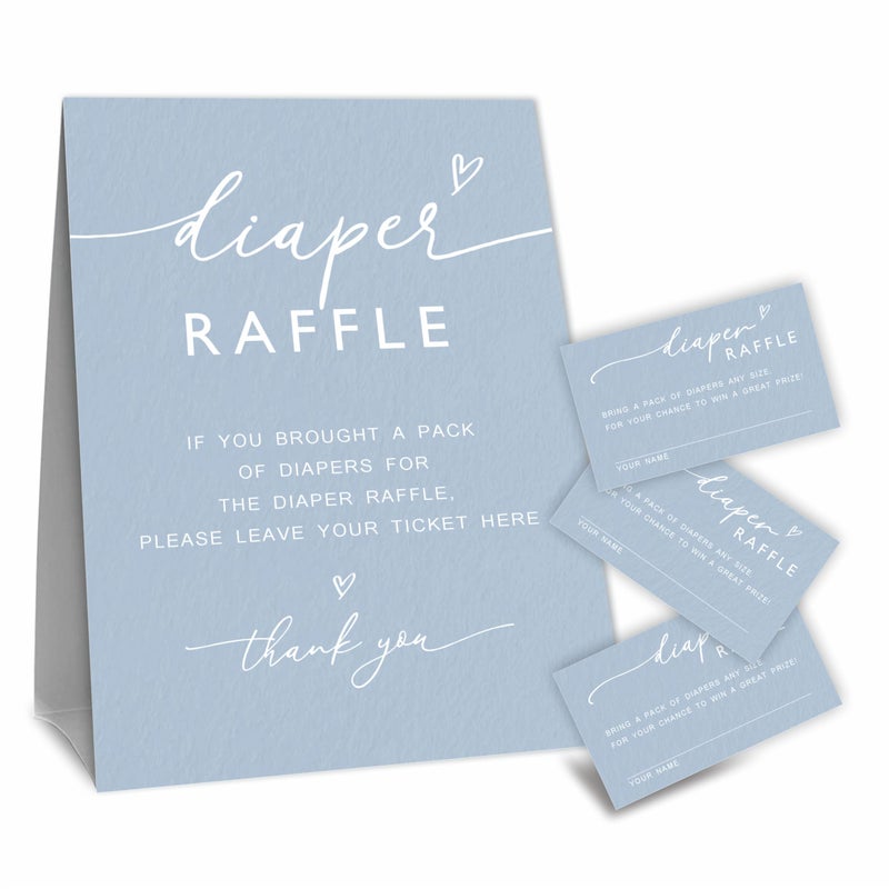 Tabyon A07 Diaper Raffle Game Kit - 50 Sky Blue Tickets & Standing Sign, Decoration For Baby Shower, Gender Reveal, Party Favor - Image 1