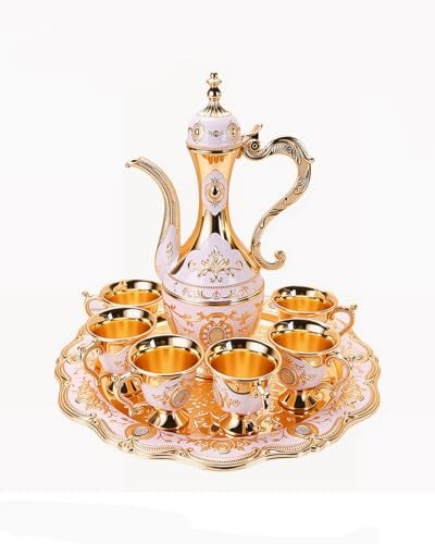 SEEK RARE Vintage Turkish Tea Set with Tray and 6 Cups Exquisite Wine Pot Set Decorative Retro Tea Service Set for Home Party Decor Golden White - Image 1