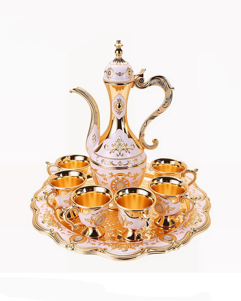 SEEK RARE Vintage Turkish Tea Set with Tray and 6 Cups Exquisite Wine Pot Set Decorative Retro Tea Service Set for Home Party Decor Golden White - Image 2