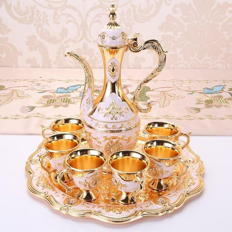 SEEK RARE Vintage Turkish Tea Set with Tray and 6 Cups Exquisite Wine Pot Set Decorative Retro Tea Service Set for Home Party Decor Golden White - Image 3