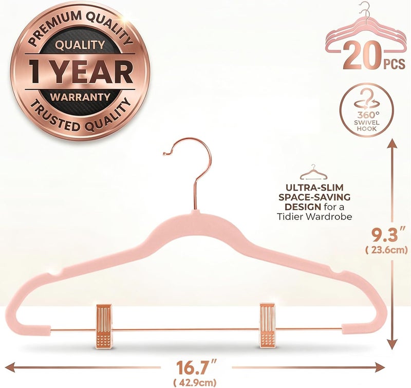 MIZGI Premium Velvet Pants Hangers with Clips (Pack of 20) Slim Skirt Hangers- Non Slip Felt Outfit Dress Hangers Blush Pink - Copper/Rose Gold Hooks,Space Saving Shirt Clothes Hangers, one size - Image 2