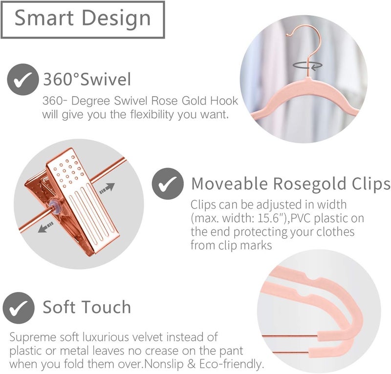 MIZGI Premium Velvet Pants Hangers with Clips (Pack of 20) Slim Skirt Hangers- Non Slip Felt Outfit Dress Hangers Blush Pink - Copper/Rose Gold Hooks,Space Saving Shirt Clothes Hangers, one size - Image 3