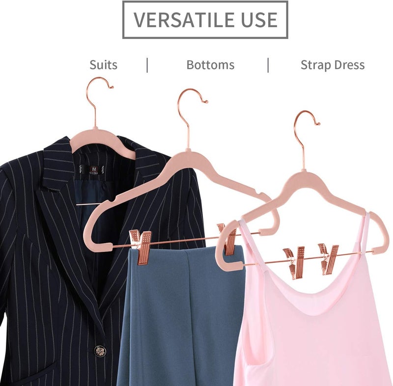 MIZGI Premium Velvet Pants Hangers with Clips (Pack of 20) Slim Skirt Hangers- Non Slip Felt Outfit Dress Hangers Blush Pink - Copper/Rose Gold Hooks,Space Saving Shirt Clothes Hangers, one size - Image 4