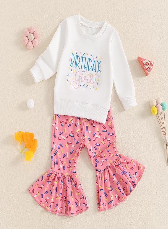 SAYOO Baby Birthday Girl Outfit Birthday Girl Embroidery Print Sweatshirt Top+Sweet Donut Flared Pant Fall Princess Clothes (A Pink, 18-24 Months) - Image 2