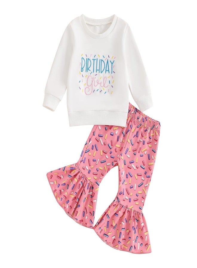 SAYOO Baby Birthday Girl Outfit Birthday Girl Embroidery Print Sweatshirt Top+Sweet Donut Flared Pant Fall Princess Clothes (A Pink, 18-24 Months) - Image 1