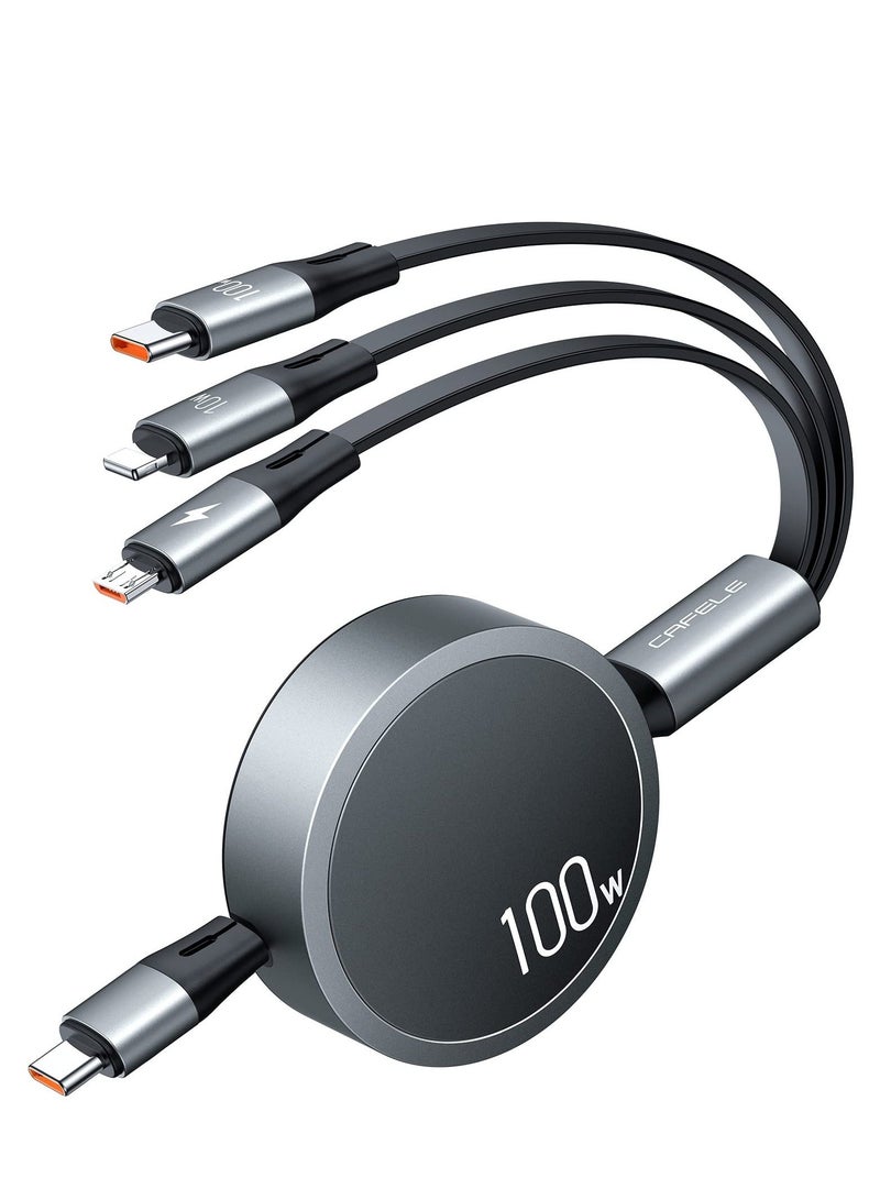 Y&D SYOSI Multi Charging Cable [Travel Companion] 100W Retractable Cable, 3in1 Multiple, with Type C/Micro USB/IP for Samsung S23 S22 S21, Phone 14 13 12, Pad Pro, Mac (4ft) - Image 1