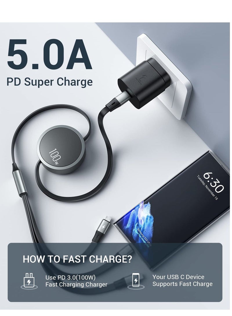 Y&D SYOSI Multi Charging Cable [Travel Companion] 100W Retractable Cable, 3in1 Multiple, with Type C/Micro USB/IP for Samsung S23 S22 S21, Phone 14 13 12, Pad Pro, Mac (4ft) - Image 5