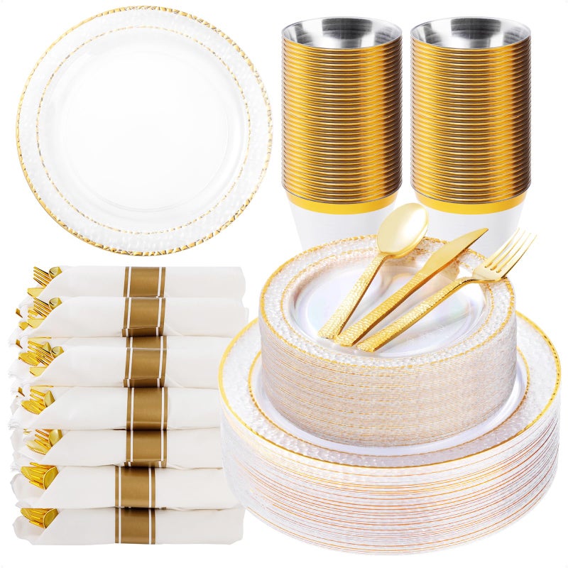 Bestluck 350PCS Clear Plastic Plates with Gold Trim for 50 Guests Disposable Dinnerware Set for Party  Wedding Includes 100 Plastic Plates 50 Pre Rolled Napkins with Gold Silverware 50 Cups