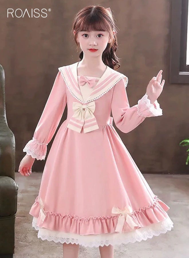 roaiss Girls Ruffle Dresses with Bowknots, Stylish A-line Dress with Sailor Collar, Long Sleeve Frock with Waist-shaping Design, Elegant Princess Dress for Girls, Suitable for Daily Wear and Outdoor Activities - Image 1