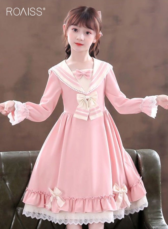 roaiss Girls Ruffle Dresses with Bowknots, Stylish A-line Dress with Sailor Collar, Long Sleeve Frock with Waist-shaping Design, Elegant Princess Dress for Girls, Suitable for Daily Wear and Outdoor Activities - Image 2