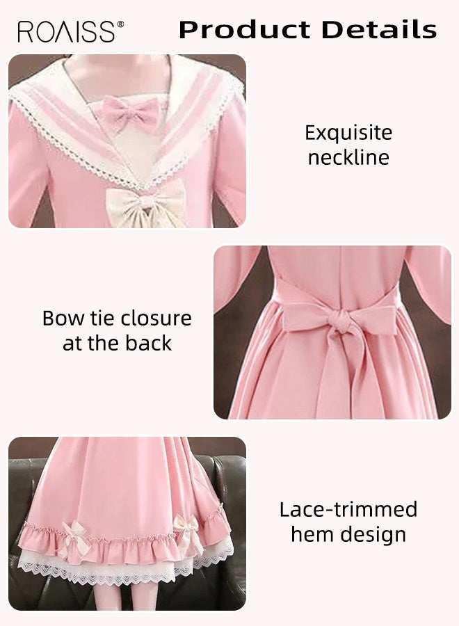 roaiss Girls Ruffle Dresses with Bowknots, Stylish A-line Dress with Sailor Collar, Long Sleeve Frock with Waist-shaping Design, Elegant Princess Dress for Girls, Suitable for Daily Wear and Outdoor Activities - Image 4