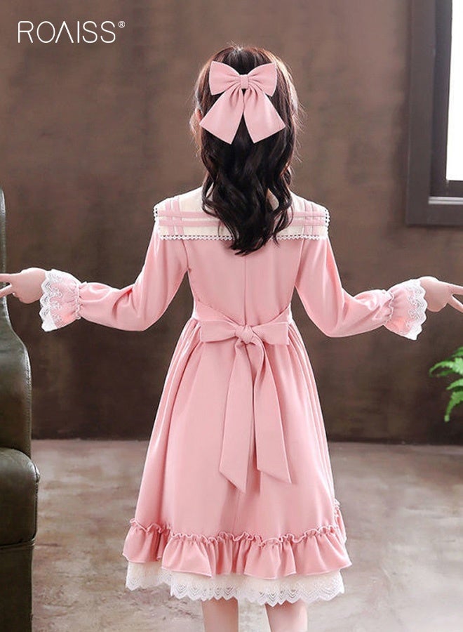 roaiss Girls Ruffle Dresses with Bowknots, Stylish A-line Dress with Sailor Collar, Long Sleeve Frock with Waist-shaping Design, Elegant Princess Dress for Girls, Suitable for Daily Wear and Outdoor Activities - Image 3