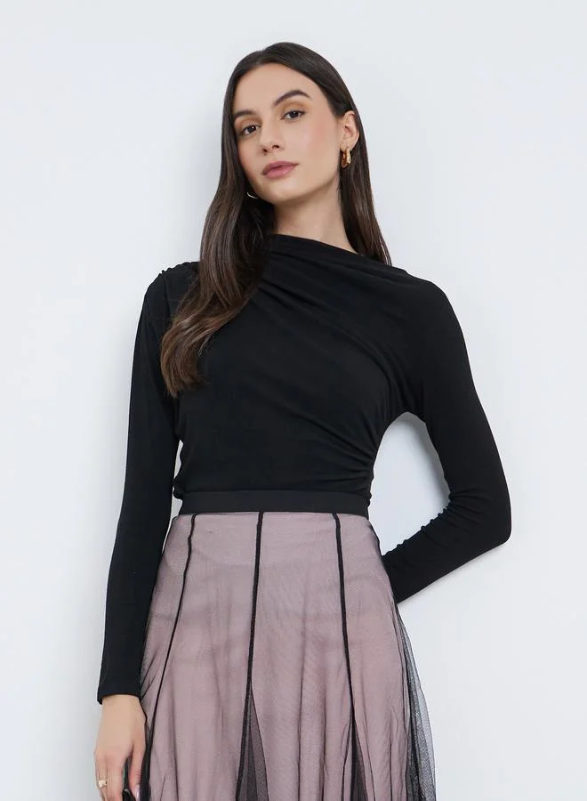 Take Two Women Solid Ruched Detail Asymmetric Neck Top