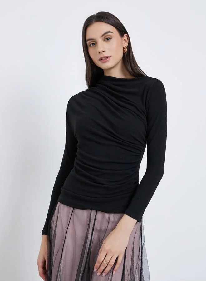Take Two Women Solid Ruched Detail Asymmetric Neck Top
