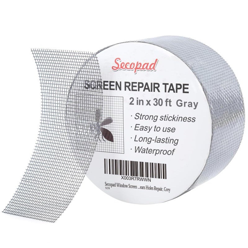Secopad Grey Window Screen Repair Tape 2IN X 30FT 360IN Screen Repair Kit for Windows or Doors Strong Adhesive Patch Kit Fiberglass Mesh Tape