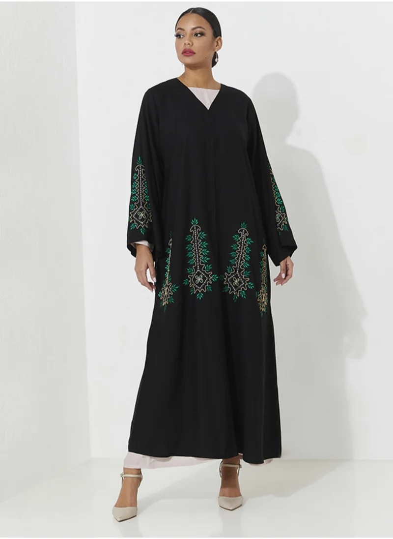 Rosette Abaya Abaya with Embroidery Green Design Wide Sleeve