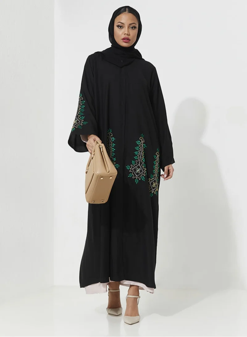 Rosette Abaya Abaya with Embroidery Green Design Wide Sleeve