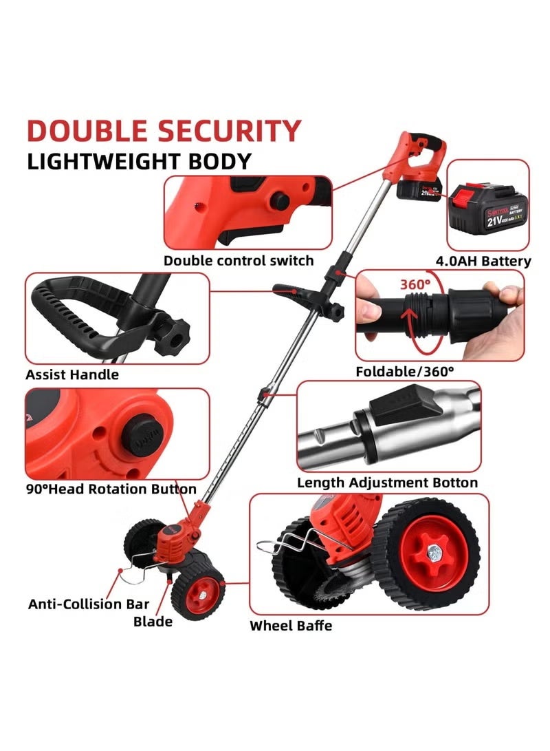 Arabest Grass Cutter lawn mower Weed Eater Battery Powered,21v Trimmer Edger Lawn Tool,3-in-1 Grass Trimmer/Wheel Edger,4.0 Ah Battery,for Garden,Yard Trimming,Lawn Cutting(Red) - Image 5