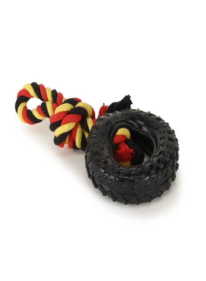 BASIL Rubber Tyre with Rope for Tugging Hollow Centre for Treat Stuffing Toys for Dogs Chewing - Image 1