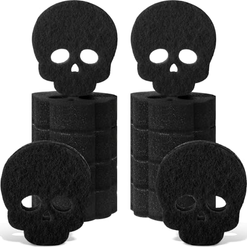 Tioncy 12 Pack Skull Sponges Bulk Gothic Dual Sided Scrubber Black Skull Sponges Reuseble Non Scratch Dishwashing Kitchen Cleaning Accessories for Cookware Pot Boiler Pan Household - Image 1