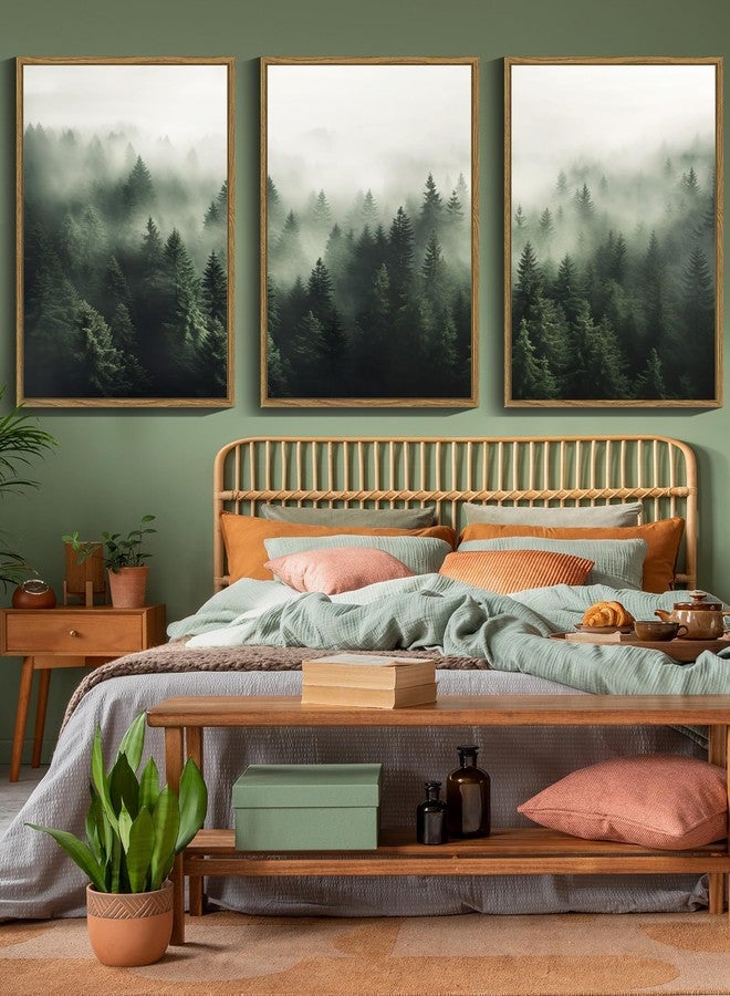 SHENIFY لوحة جدارية قماشية كبيرة الحجم (16 × 24 بوصة) مؤطرة، تصور غابة أشجار الصنوبر في الضباب الأخضر من SHENIFY، ضمن مجموعة مطبوعات فنية حديثة مستوحاة من الطبيعة - مؤطرة بإطار طبيعي - Image 2