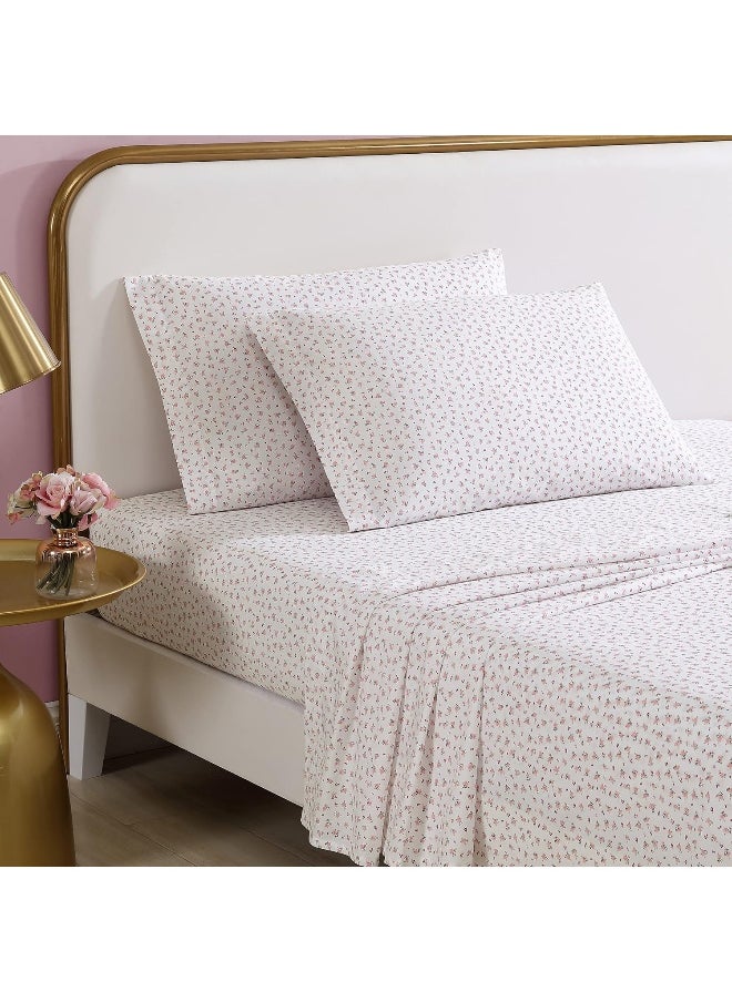 Betsey Johnson Betsey Johnson- Queen Sheet Set, Cotton Percale Bedding Set, Crisp & Cool, Lightweight & Breathable (Baby Buds Pink, Queen)  - Image 1