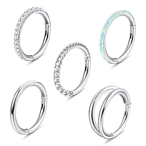 Jstyle 5Pcs 16G Surgical Steel Nose Rings Hoop for Women Opal CZ Clicker Hinged Septum Nose Ring Lip Helix Cartilage Hoop Earring Daith Rook Conch Nose Piercing Jewelry for Women 8mm 18G - Image 1