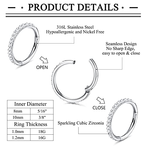 Jstyle 5Pcs 16G Surgical Steel Nose Rings Hoop for Women Opal CZ Clicker Hinged Septum Nose Ring Lip Helix Cartilage Hoop Earring Daith Rook Conch Nose Piercing Jewelry for Women 8mm 18G - Image 2