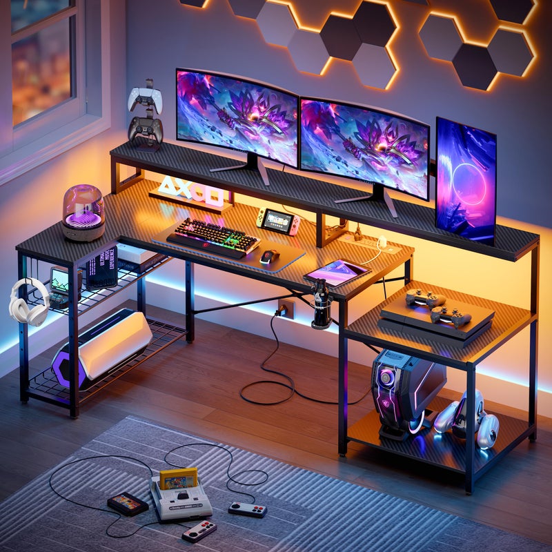 Bestier LED Gaming Desk with Power Outlets 71 inch L Shaped Computer Desk with Monitor Stand Large Desk with Printer Stand Adjustable Shelf Cup Holder  Hooks Home Office Desk Black