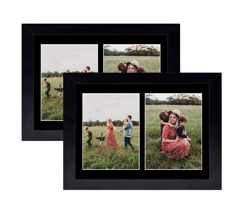 Golden State Art Set of 2 85x11 Black Wooden Picture Frame  Black Mat for 25x7 Photos or 85x11 Certificate Without Mat  Real Glass  Easel Stand for LandscapePortrait Table Display