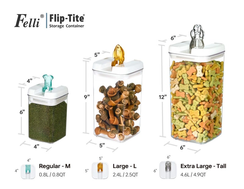 Felli Flip Tite Pet Food Container with Airtight Lids, BPA FREE Acrylic Canister with Paw Bone Fish Flip Top Handles for Cat Dog Kibble Treats Storage, Keep Fresh (Pet Collection Nest-L 3pk) - Image 3