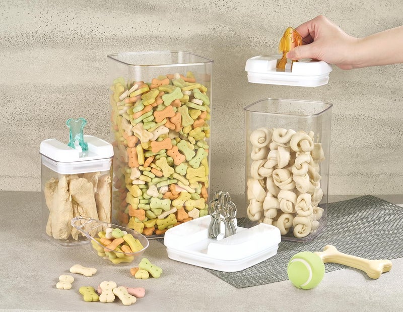 Felli Flip Tite Pet Food Container with Airtight Lids, BPA FREE Acrylic Canister with Paw Bone Fish Flip Top Handles for Cat Dog Kibble Treats Storage, Keep Fresh (Pet Collection Nest-L 3pk) - Image 2